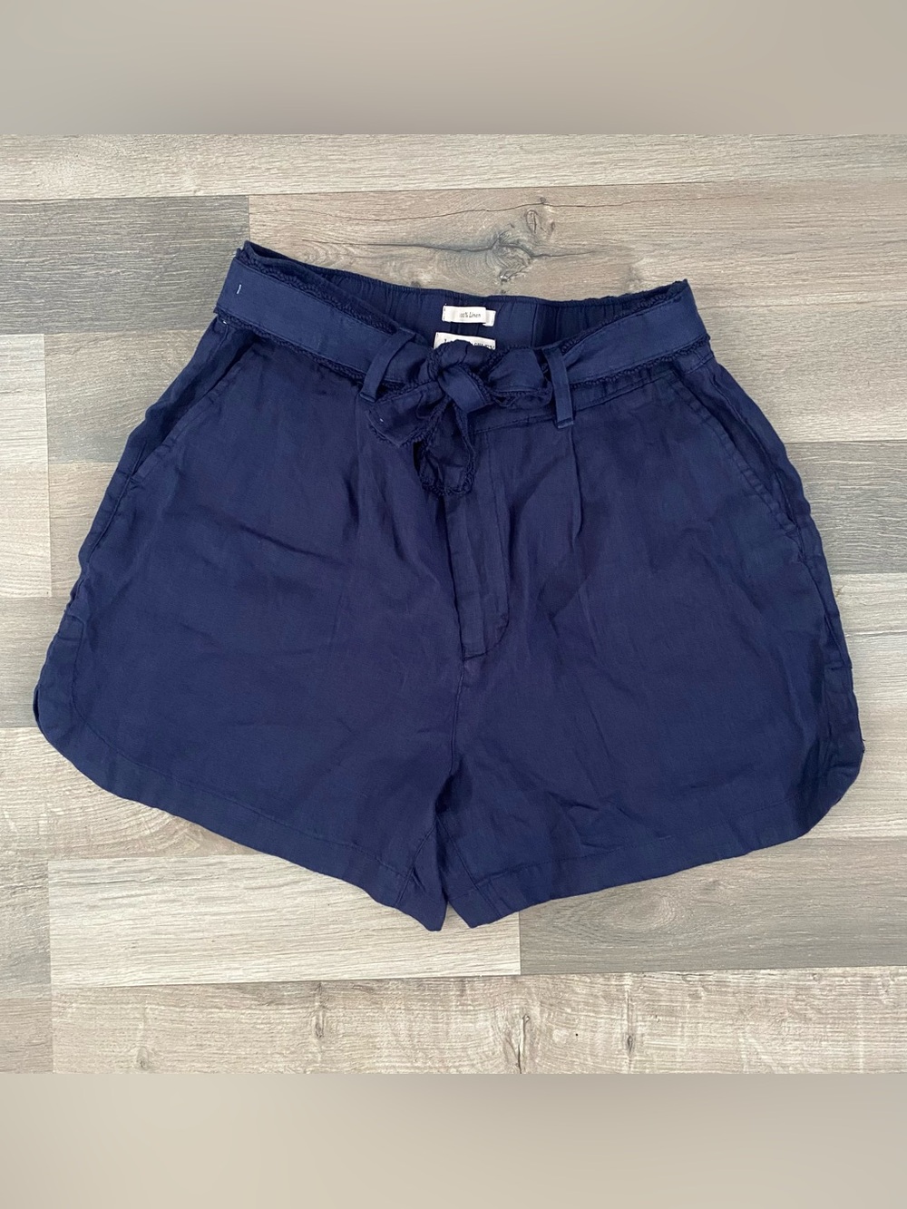 Navy Blue Linen High Rise Belted Shorts Pockets Coastal Beach Summer